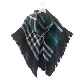 Modena Women Turtle Neck Knit Fringe Plaid Poncho Cape Soft Shawl One  Size